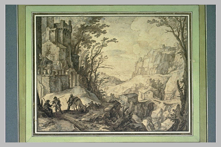 Paysage montagneux avec des maisons et trois personnes conversant