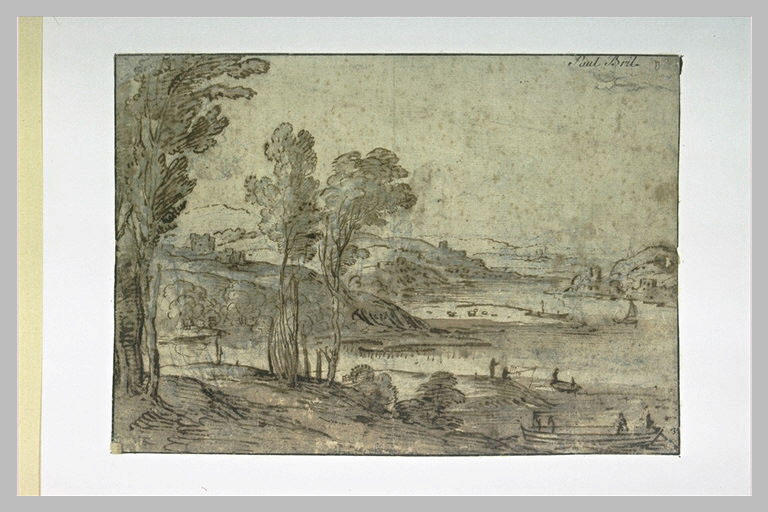 Paysage avec arbres et une rivière animée de figures