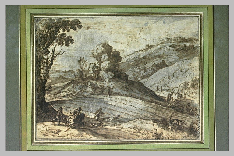 Chasseurs dans un paysage vallonné