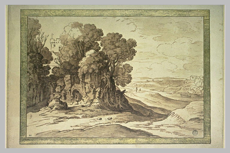 Paysage avec des ruines où poussent de grands arbres et une tourelle