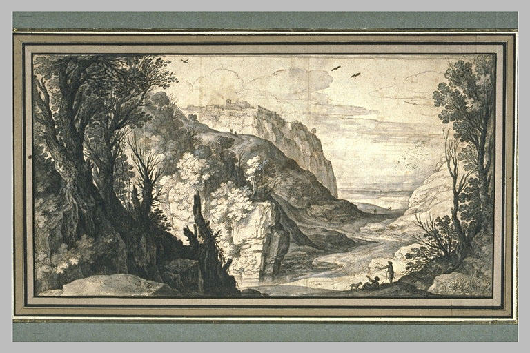 Paysage montagneux avec un défilé ouvrant sur une plaine