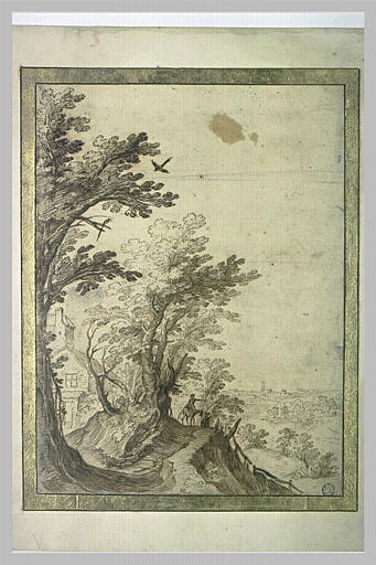 Paysage avec maison et personnages sur un sentier, dominant la plaine