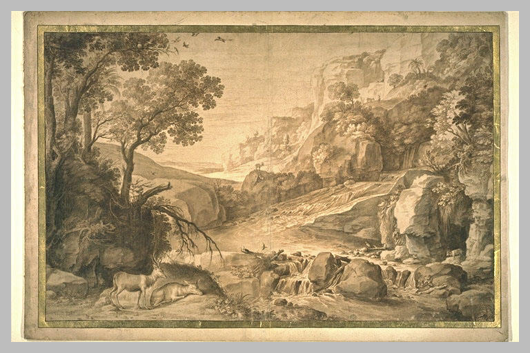 Grand paysage avec une cascade et des animaux