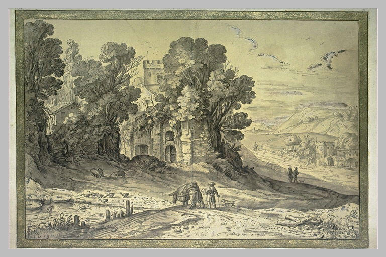 Paysage avec des ruines, une tourelle, une ferme et la plaine à droite