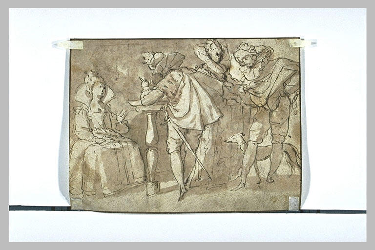 Deux hommes d'épée courtisant deux jeunes dames dans un salon
