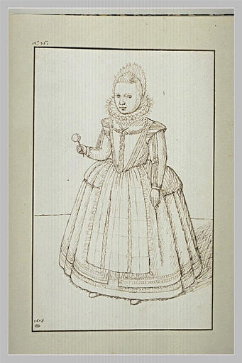 Portrait d'une fillette, main droite levée, tenant une fleur