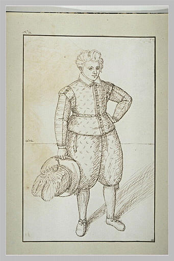 Jeune homme tenant son chapeau orné de plumes