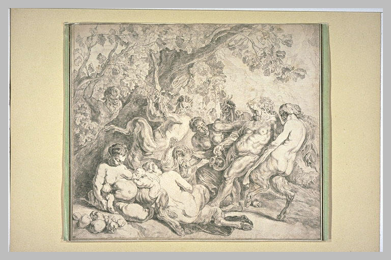 Silène soutenu par deux femmes entourée de satyres