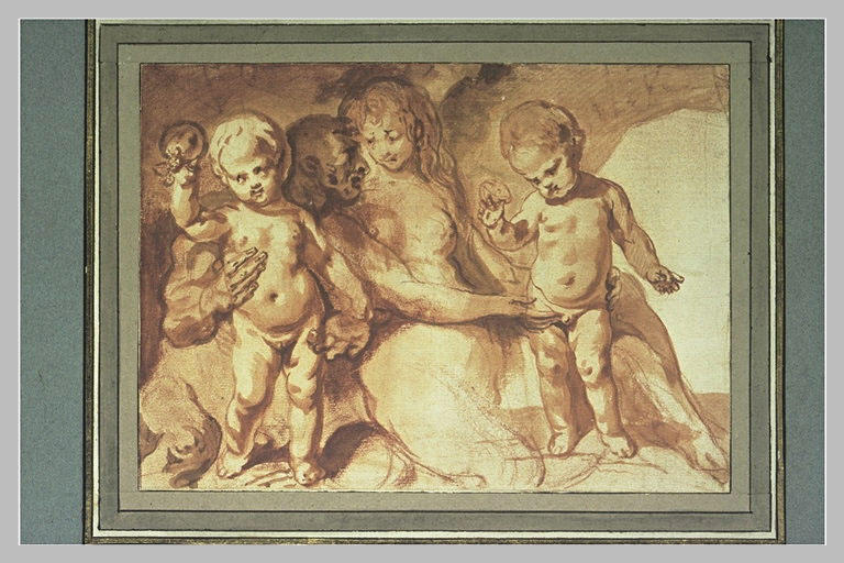 Homme, femme et deux enfants nus, dans une grotte