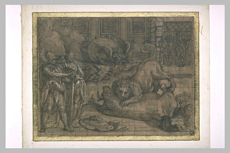 Combat d'un taureau et d'un lion. Plusieurs personnages armés