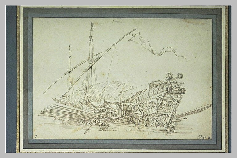 Une galère auprès de laquelle sont deux barques