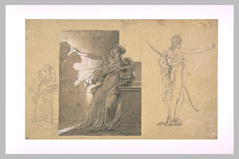 Femme tenant un enfant et apercevant l'ombre de figures qui s'embrassent