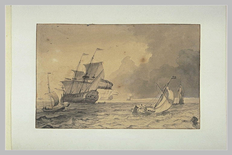 Marine : un vaisseau de guerre portant pavillon hollandais et des barques