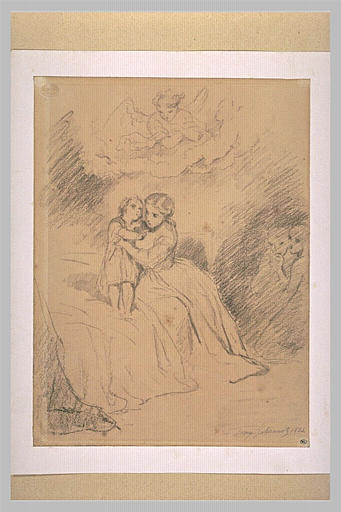 Jeune femme tenant un enfant sur un lit