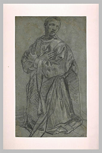 Religieux à genoux, mains sur la poitrine, regardant vers la droite