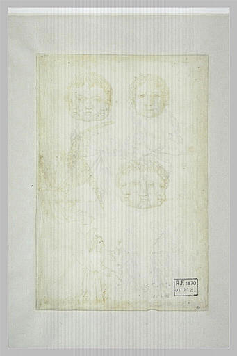 Une tête d'enfant et deux têtes d'enfant à trois visages ; deux anges