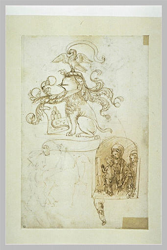 Eléments héraldiques ; Vierge à l'Enfant et st Jean ; cheval ; étude de jambe