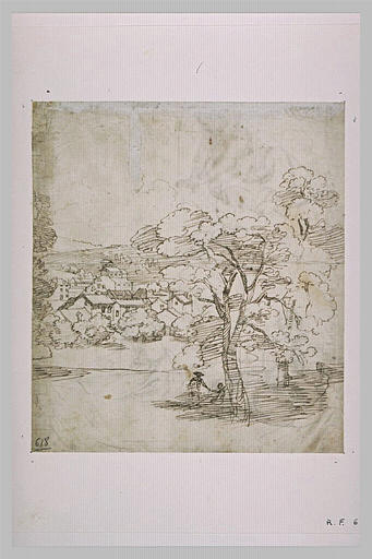 Deux figures sous un arbre, près d'un village dans un paysage boisé