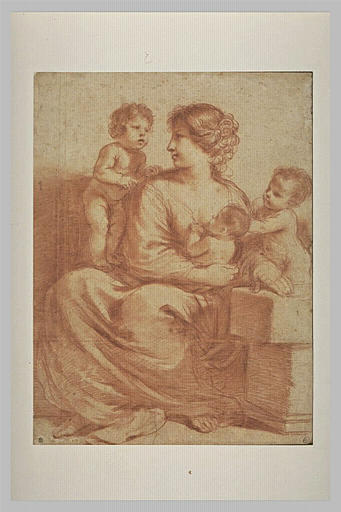 Femme assise entourée de trois enfants : la Charité