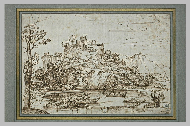 Deux barques sur un étang au pied d'un château, dans un paysage montagneux