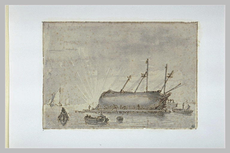 Marine : canots et figures près d'un navire échoué