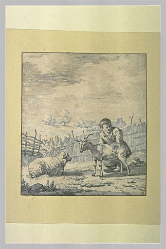 Enfant près d'une chèvre et d'une brebis couchée