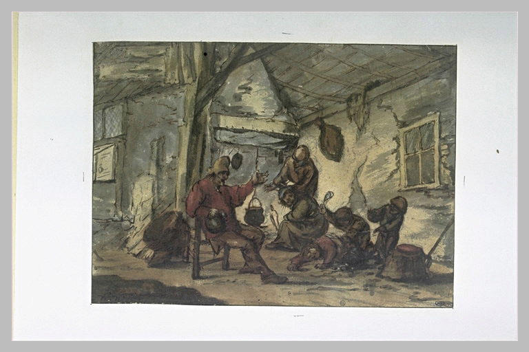 Dans un intérieur paysan, famille réunie près de l'âtre et enfants jouant