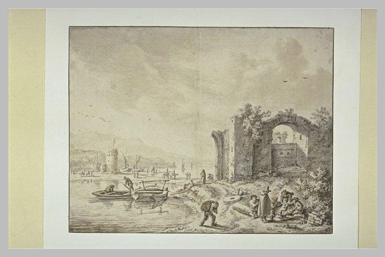 Personnages assis et discutant sur les berges d'une rivière, près de ruines