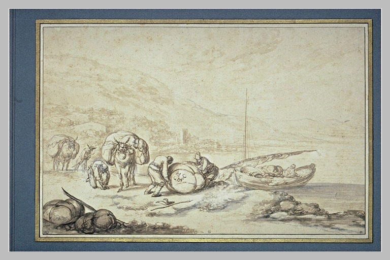 Paysage où deux hommes chargent des ballots sur une barque