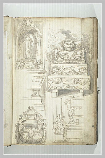 Statue d'un pape dans une niche ; empilement de sarcophages antiques ; ...