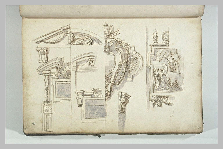 Etudes de motifs architecturaux et décoratifs : frontons, armoiries...
