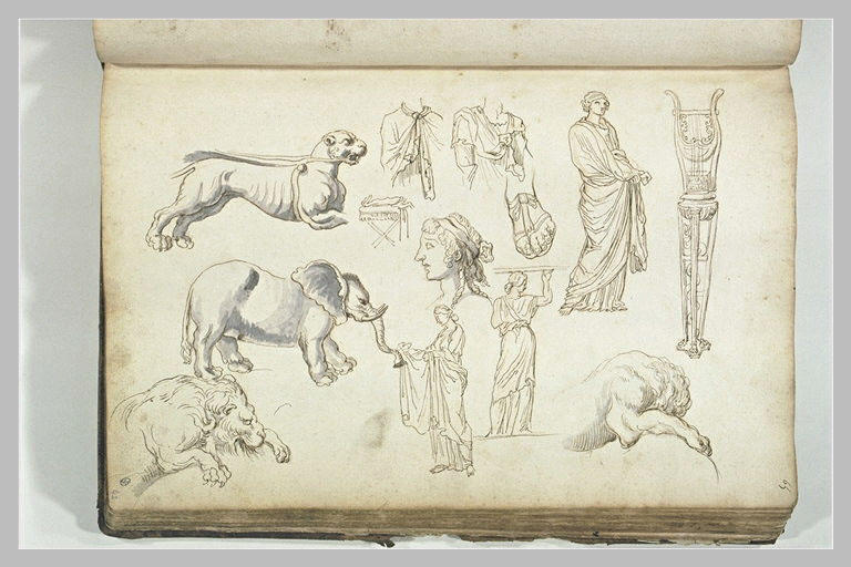 Etude d'après l'antique : statues, animaux et trépied orné d'une lyre