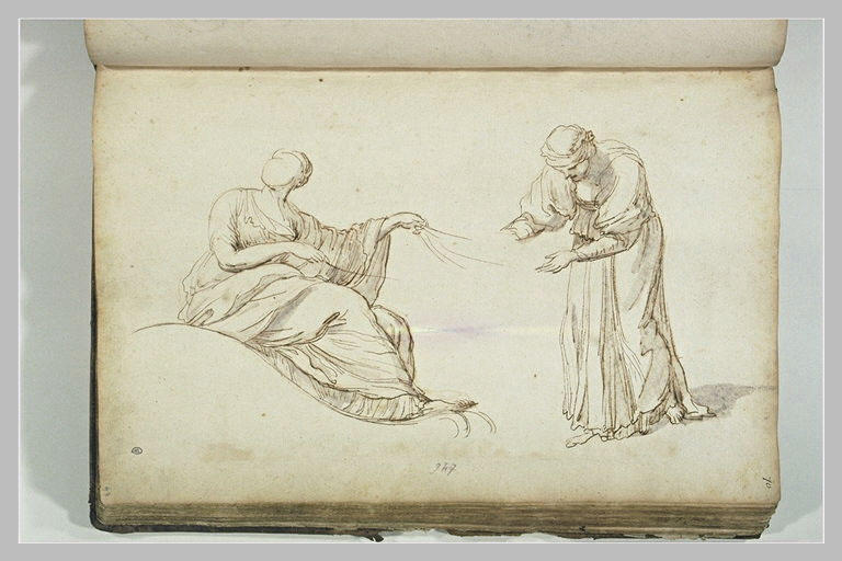 Deux études de figures : femme assise dans une nacelle, tenant des rênes...