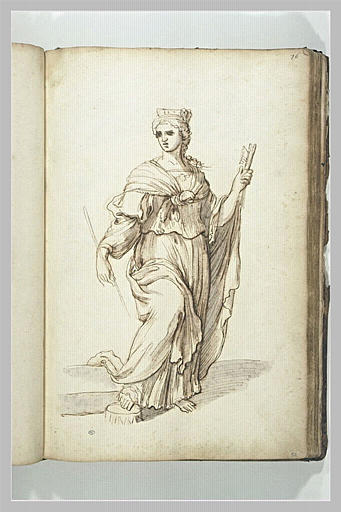 Femme debout, de trois quarts à droite, la tête tournée vers la gauche, ...