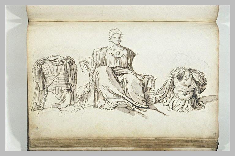 Figure féminine assise vue de face, entourée de deux cuirasses