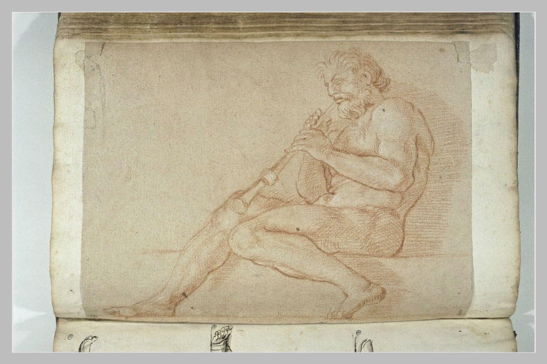 Homme nu assis de trois quarts à gauche, jouant de la flûte