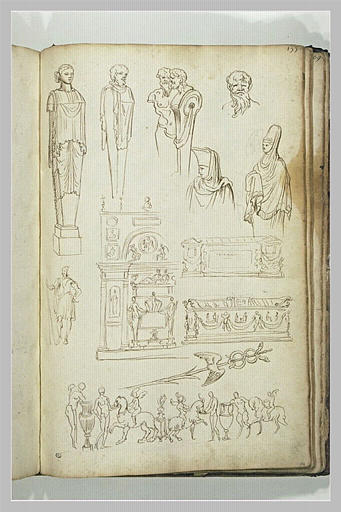 Etudes de termes, de femmes vêtues à l'orientale, de tombeaux, de caducées..