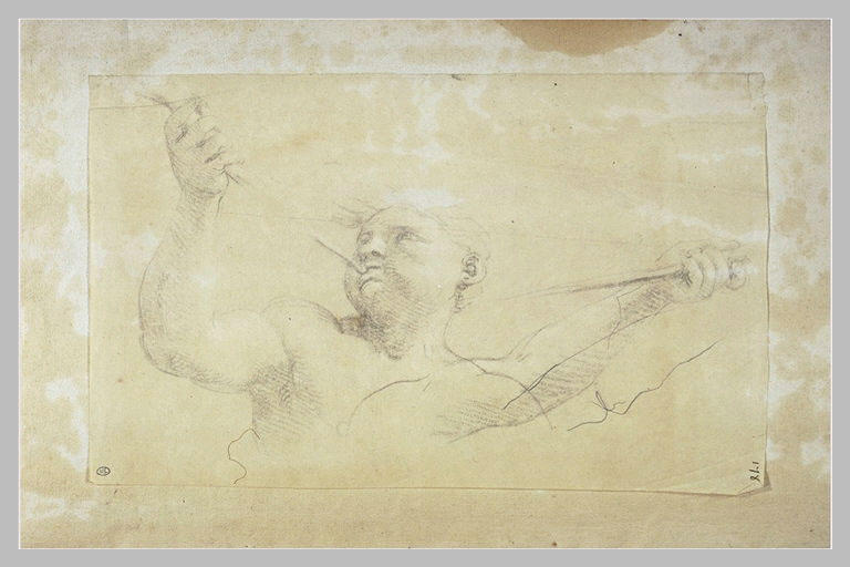 Figure en buste soufflant dans une trompette ; Etude de bras tenant une ...