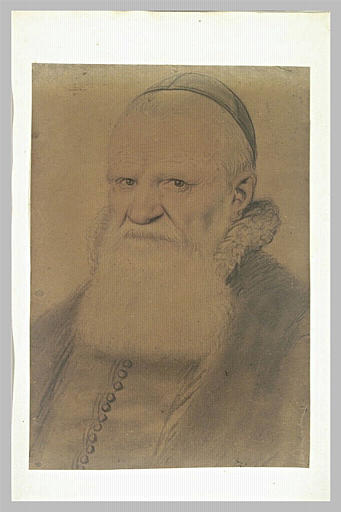 Personnage, à barbe blanche et calotte, vu de trois quarts à gauche