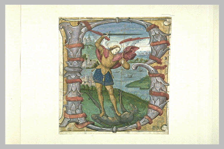 La lettre B historiée, avec saint Michel combattant le dragon