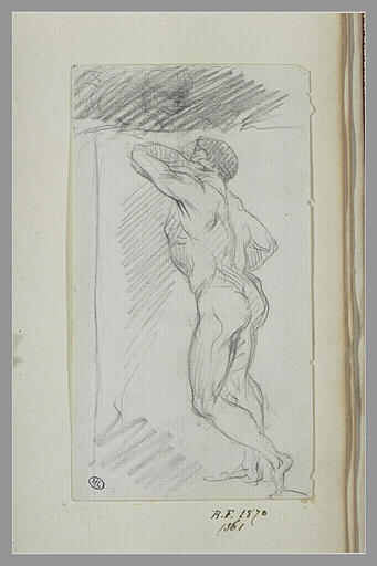 Homme nu, vu de dos, appuyé à un mur