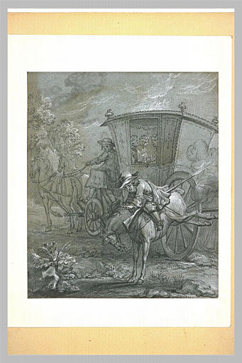 Ragotin à cheval avec une carabine qui lui tire entre les jambes