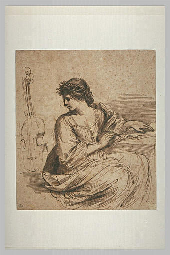 Femme assise, écrivant, près d'un instrument de musique : la Muse Euterpe