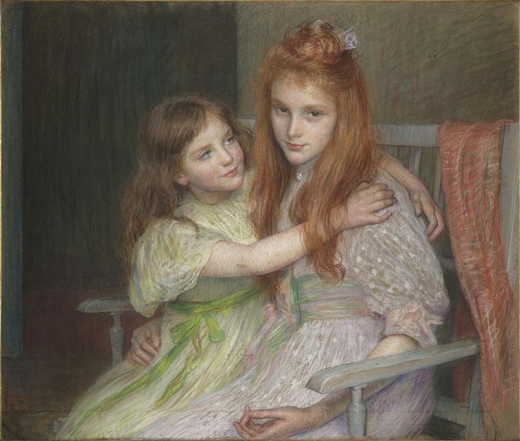 DEUX JEUNES FILLES ASSISES SUR UNE BANQUETTE