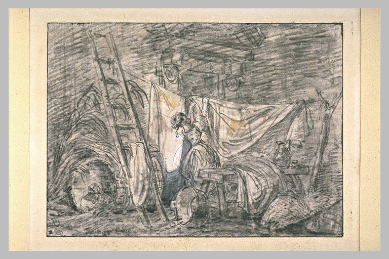 Jeune fille accrochant du linge