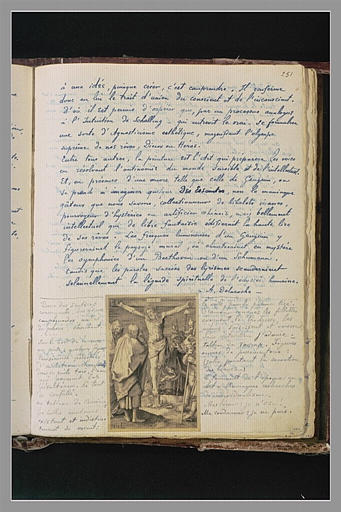 Texte manuscrit et gravure de Lucas de Leyde  (crucifixion)