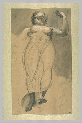 Figure plafonnante d'une femme, de face, le bras gauche levé et replié