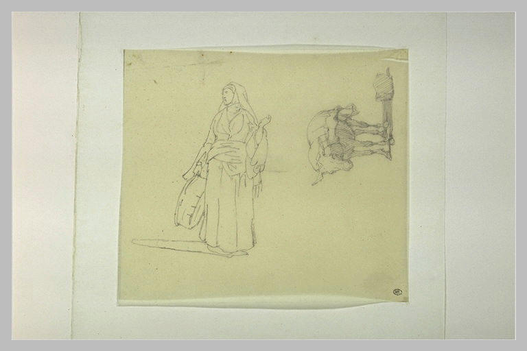 Une femme portant des objets ; un âne bâté