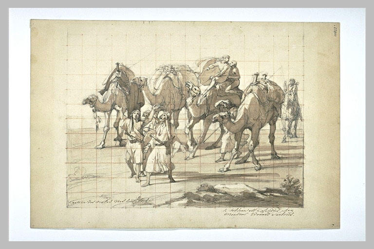 Groupe de trois arabes, des dromadaires et autres personnages