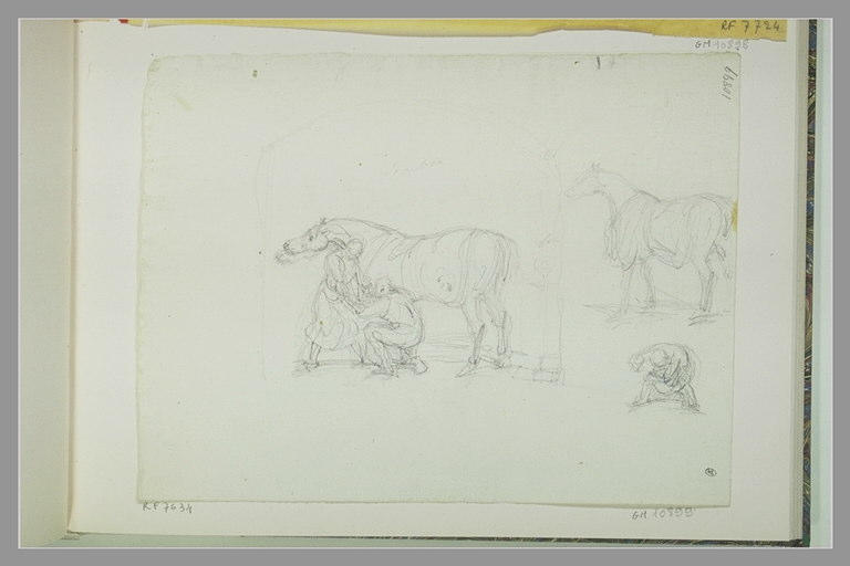 Deux hommes ferrant un cheval ; cheval ; homme courbé